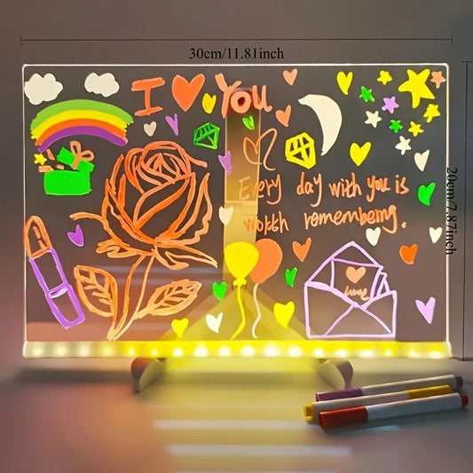 LED Note Board with 7 Coloured Pens Acrylic Dry Erase Illuminated Drawing Board