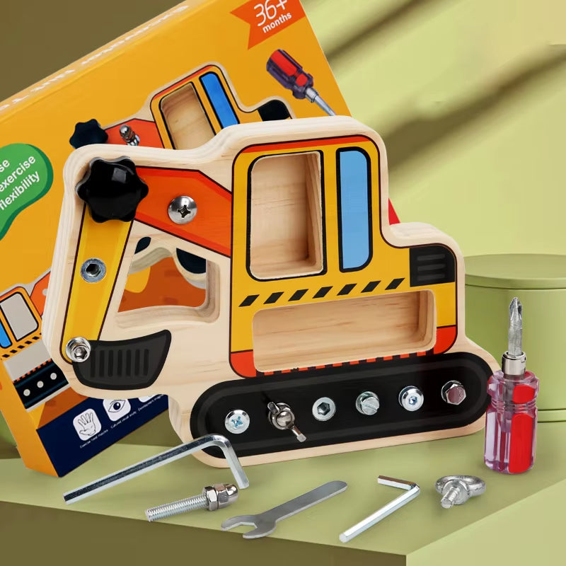 Kids Screw Busy Board Wooden Toy Children Montessori Fine Motor Training Nut Screw Disassembly Engineering Car Puzzle Game