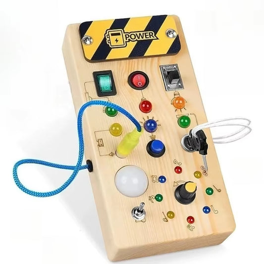 DIY Busy Board Physics Science Wooden Toy with LED Light Switch for Children Education Learning Sensory Busy Board Game Toys