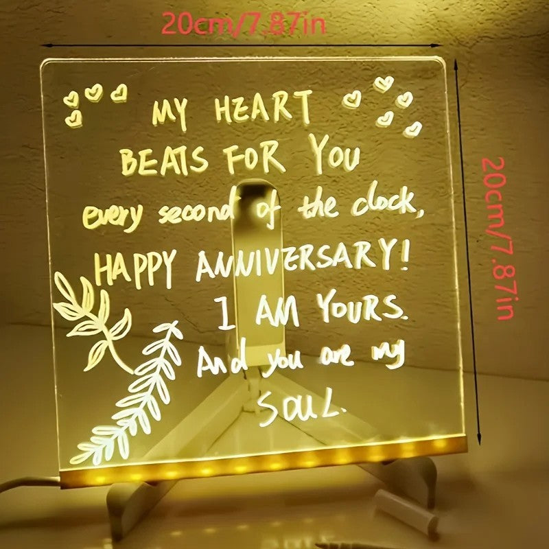 LED Note Board with 7 Coloured Pens Acrylic Dry Erase Illuminated Drawing Board